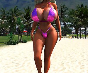 Blonde 3d Babe dans bikini clignote Son massive seins au the..