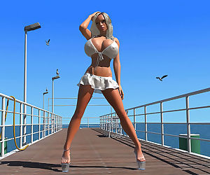 Peituda 3d Loira Babe mostra ela enorme Peitos sob bikini..