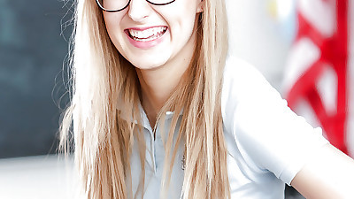 Young blonde nerd in glasses..